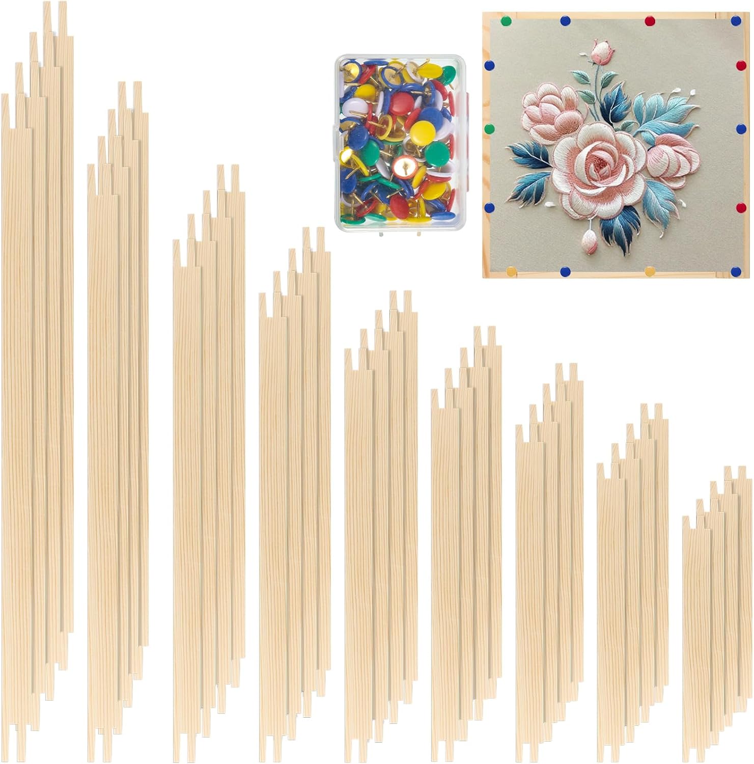 18 Sets Needlepoint Stretcher Bar Set, 9 Sizes Stretcher Bars for Needlework Art Supplies Wooden Canvas Stretcher Bar Set with 100 Pins Regular Stretcher Bars for Needlepoint Frame Set