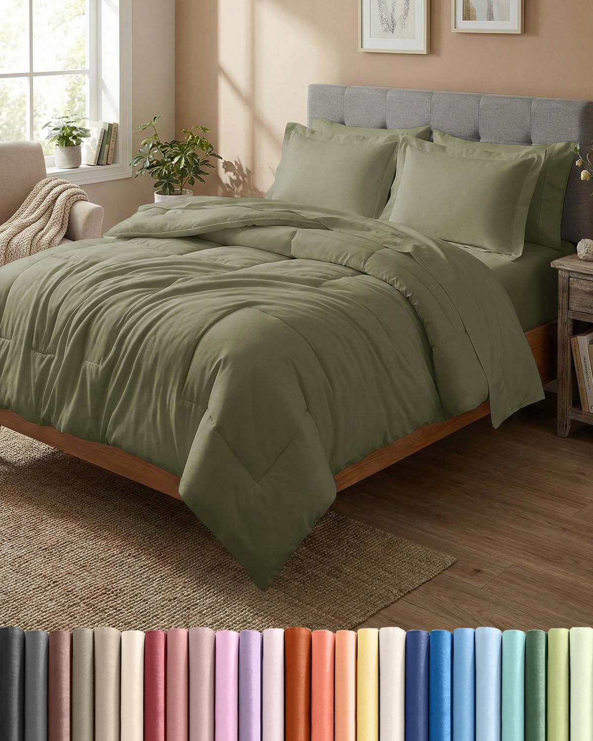 king comforter set - 7 piece bed in a bag king size bed set - down alternative comforter, flat sheet, fitted sheet, pillowcase & shams for all seasons - ultra soft, comfy and breathable - sage green