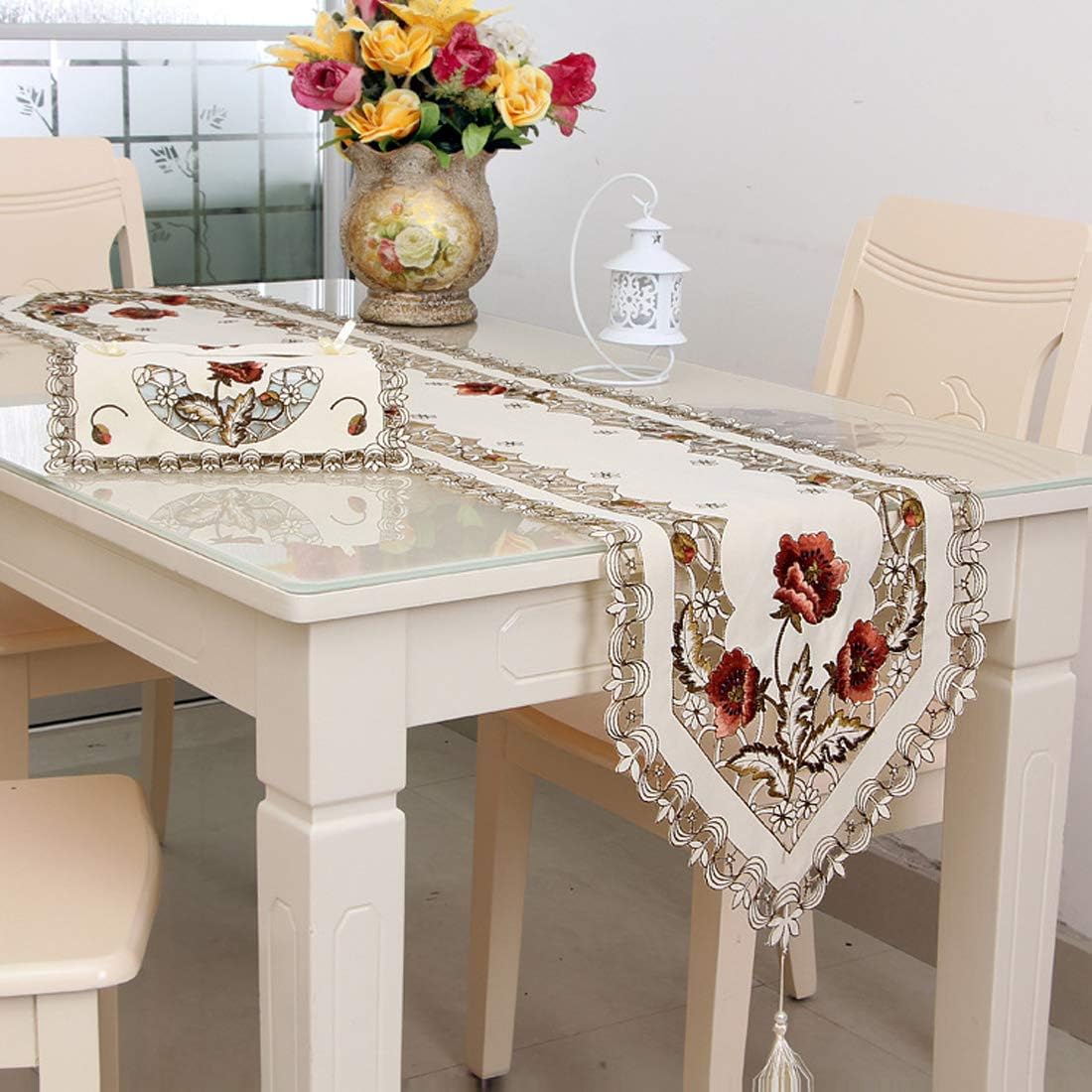 LeLehome 15 Inch X 58 Inch Classic Table Runner, Rose Flowers Embroidered Lace Dresser Scarf Table Top Home Dining Room Kitchen Wedding Party Festival Decoration - Rufous Flower