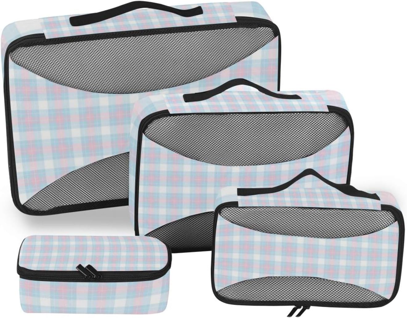 Powder Blue Checkerboard 4 Pcs set organizer travel case Mesh Travel Essentials expandable packing cubes set