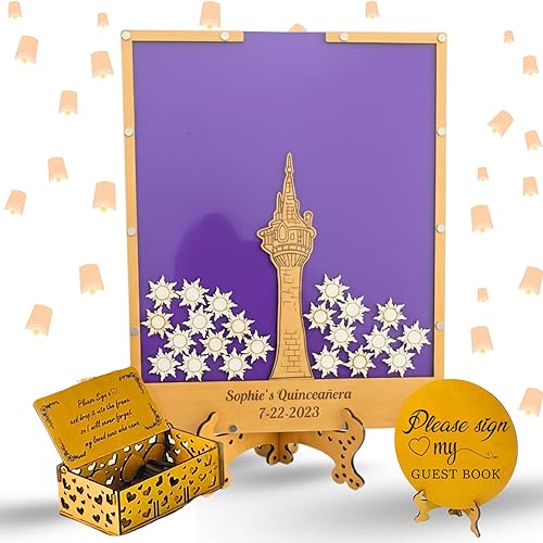Purple Princess Tower Guest Book Quinceanera, Fairy Decoration Theme for Birthday Party with Sun shaped Drop Box - Personalized Enchanted Fairytale