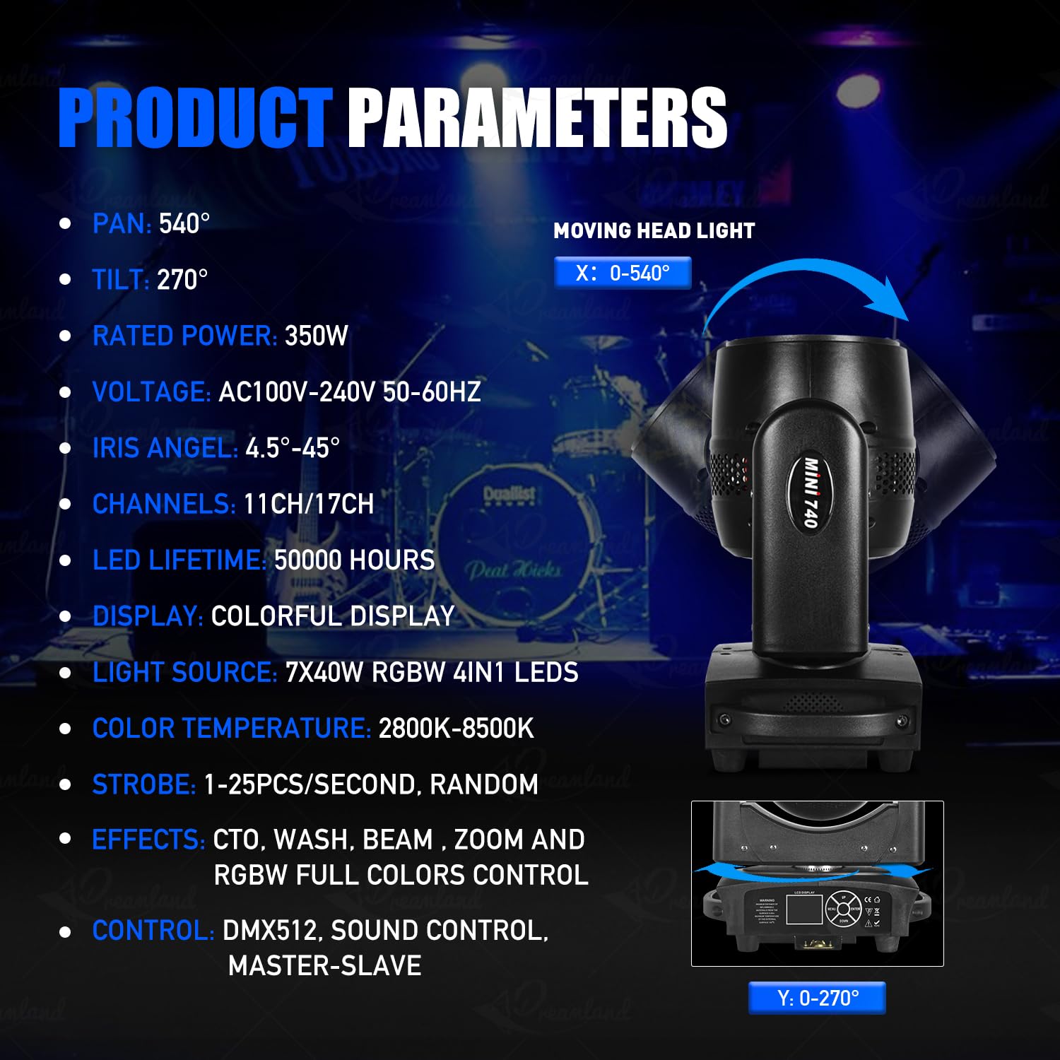 Dreamland Mini lampes DJ à tête mobile 7 x 40 W RGBW 4 en 1 - Faisceau zoom - Effet d'éclairage de scène avec son DMX - Contrôle automatique - Pour fêtes, club, concert, mariage, discothèque, Noël