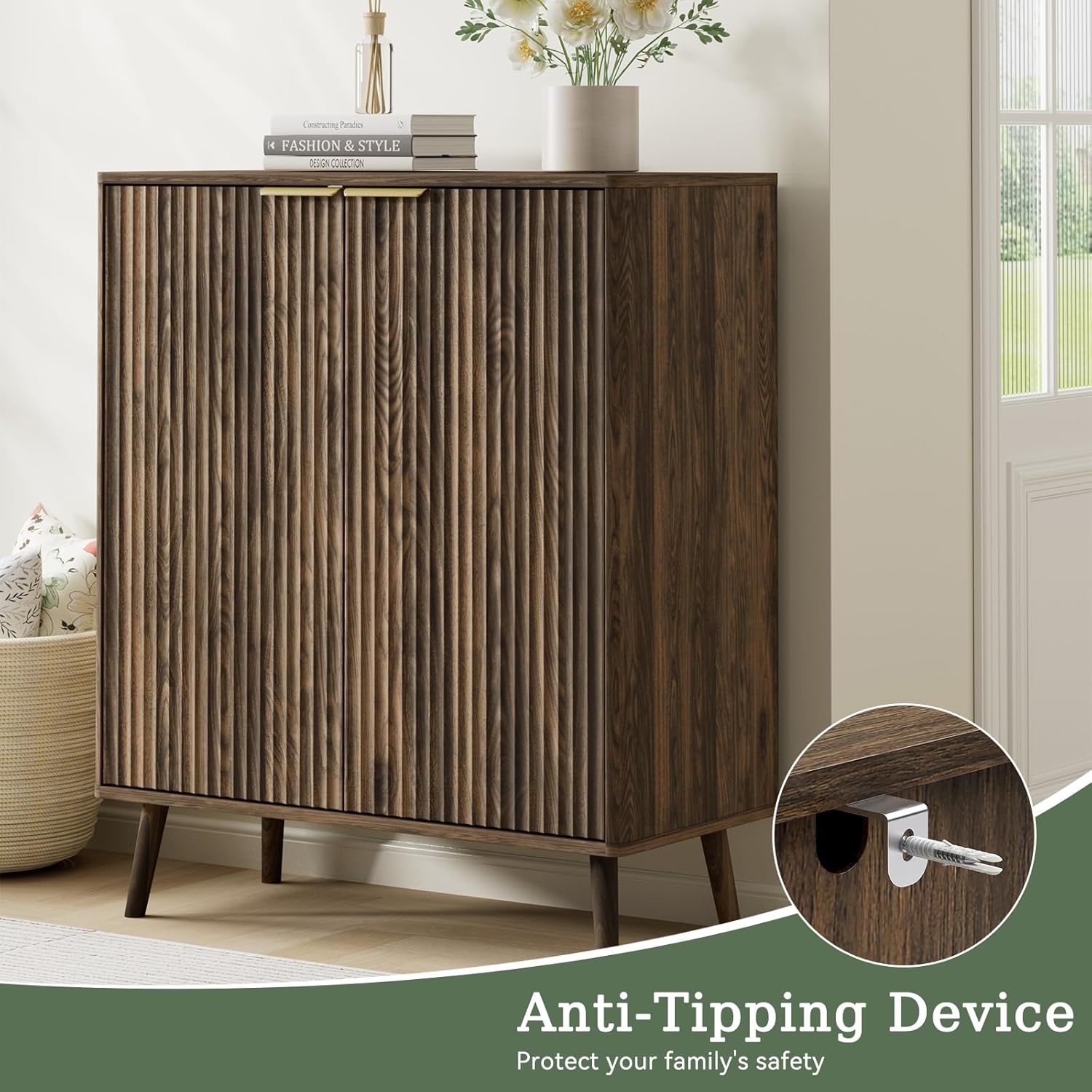 Fluted Shoe Cabinet with Doors, Large 5-Tier Shoe Cabinet Storage for Entryway, Walnut Wooden Shoe Cabinet with Adjustable Shelves, Modern Freestanding Shoe Storage Organizer for Entryway