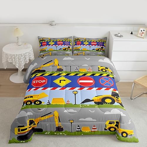 Juego de edredón de camión de construcción, tamaño individual, juego de ropa de cama de excavadora para niños, niñas, adolescentes, decoración de
