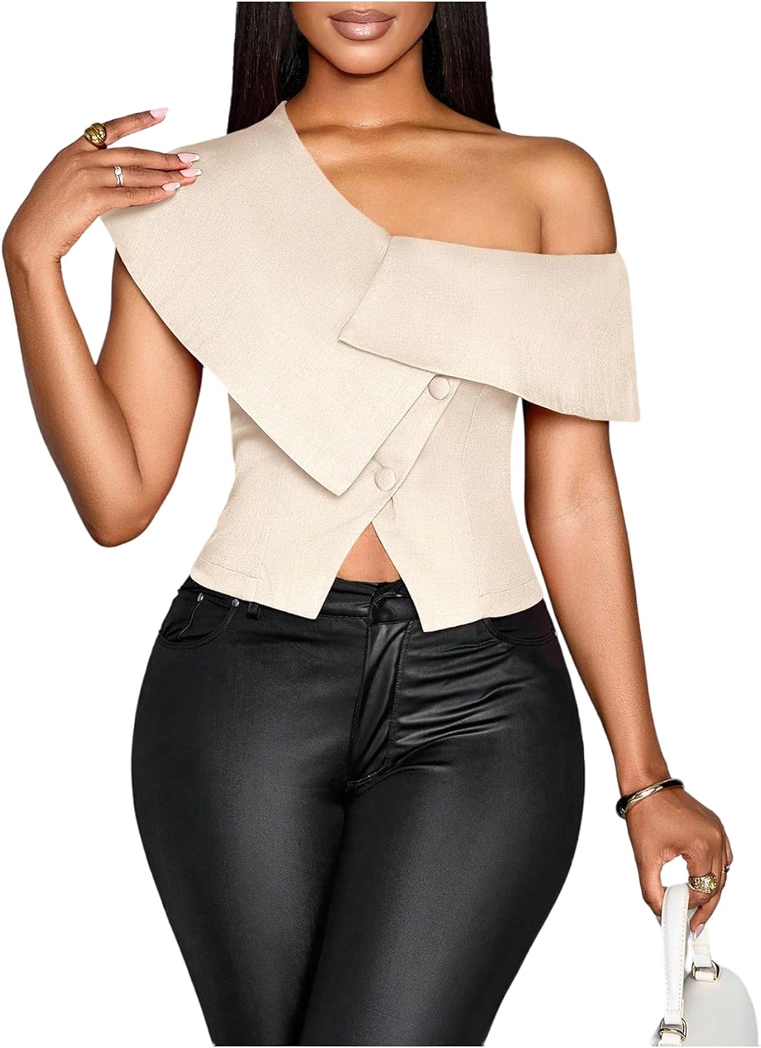 OYOANGLE Women's Off The Shoulder Short Sleeve Fitted Blouse Button Split Hem Dressy Top