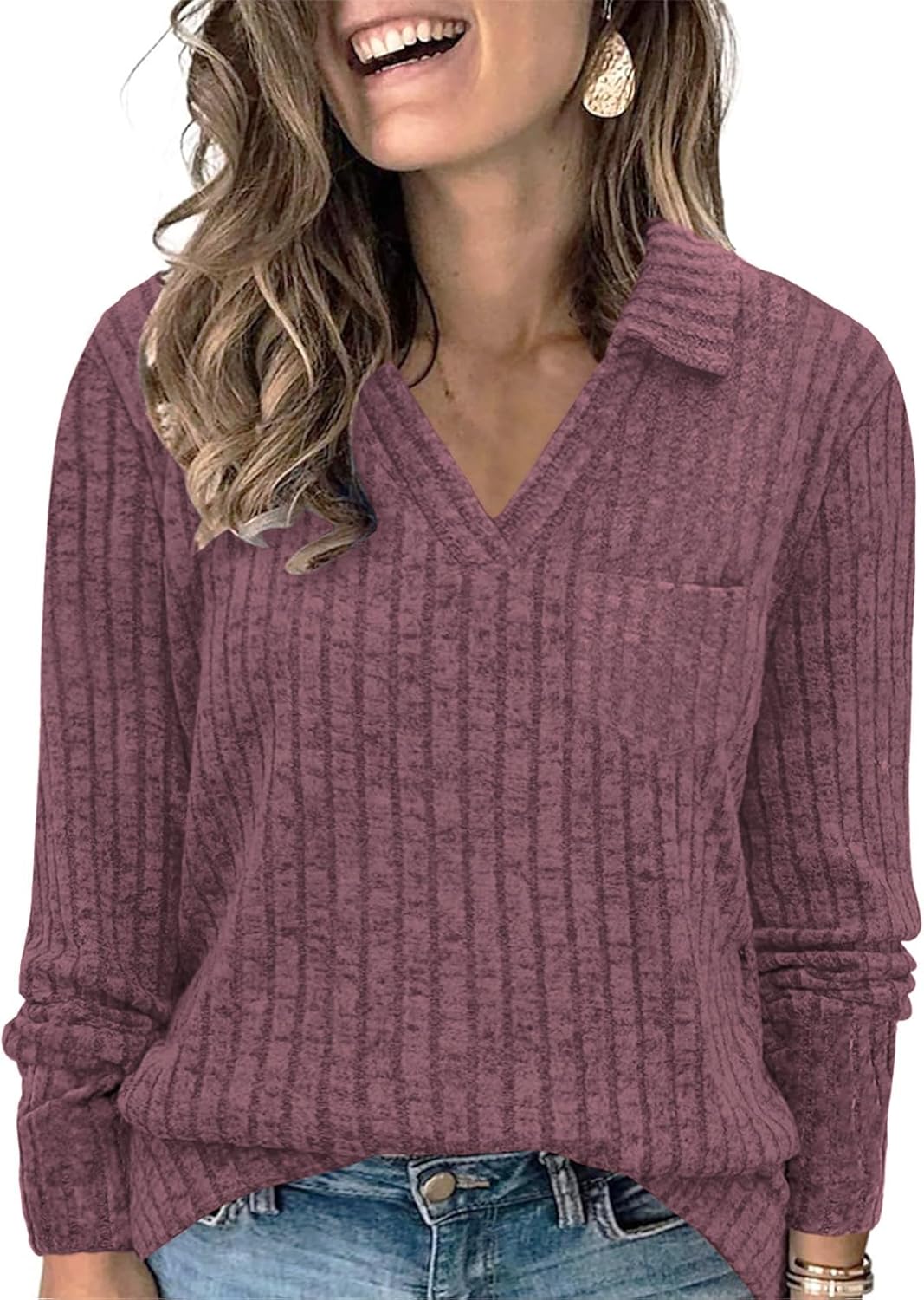 VISLILY Womens Sweaters Plus Size Cute V Neck Tops Casual Collared Tunics Trendy Oversized Knit Lightweight Pullover Wine Red