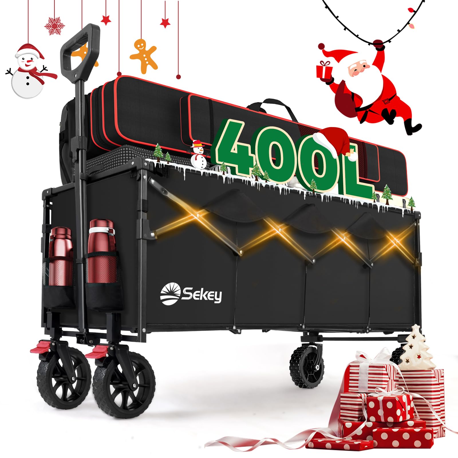 Sekey 43'' Extended Collapsible Wagon 400L Large Capacity, 440LBS Heavy Duty Folding Utility Garden Cart with All-Terrain Wheels for Camping, Sports, Shopping.Black