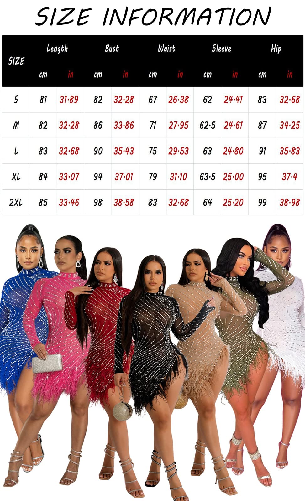 sunongvt Abito da Donna Sexy con Perforazione a Caldo Manica Lunga Orlo di Piume Irregolare Trasparente Mini Abito Aderente per Cocktail Club Notturno