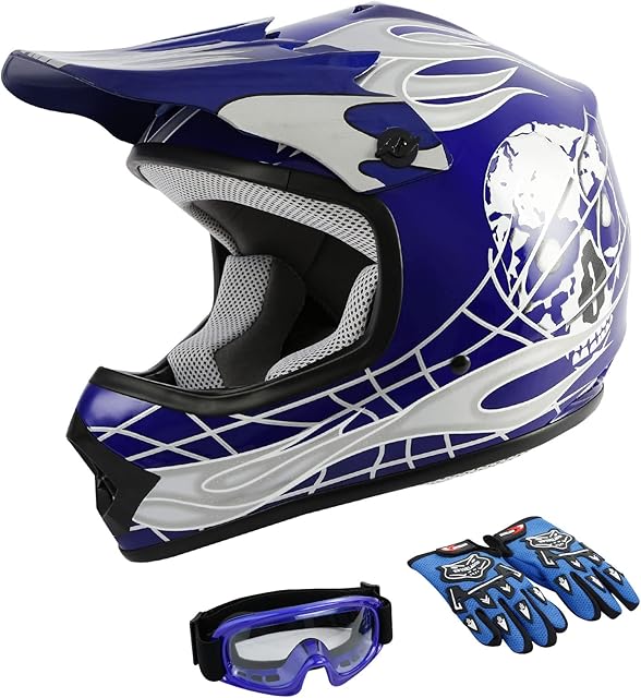TCMT Dot Youth & Kids Motocross Offroad Street Helmet Blue Skull Motorcycle Youth Helmet Dirt Bike Motocross ATV Helmet+Goggles+Gloves S
