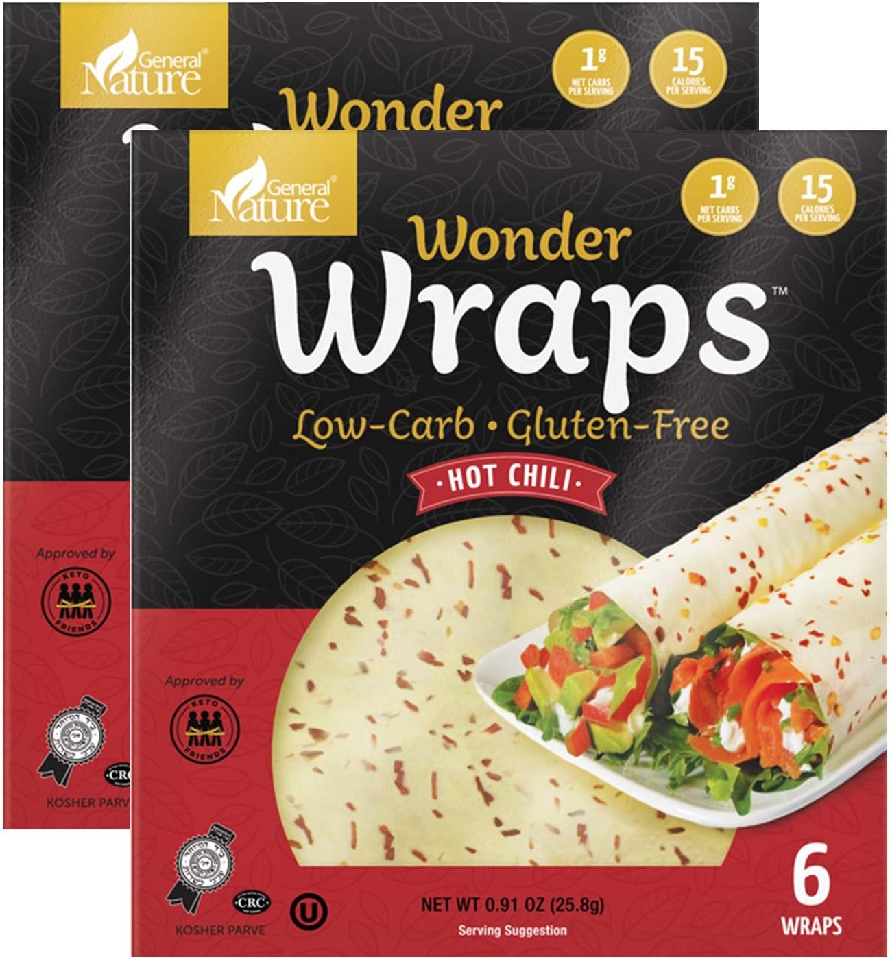 Wonder Wraps - Hot Chili - Delicious Gluten Free, Low Carb Keto Tortillas | Non-GMO Low Calorie Burrito Wraps | Perfect for Weight Loss | Soy and Nut Free, Vegetarian Food - (2 Pack x 6 Each)