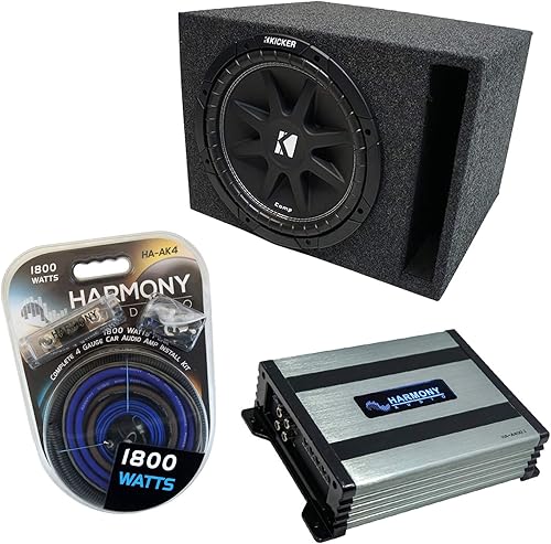 Harmony Audio Kicker Bundle compatible con Universal Vehicle C12 Comp Single 12" Vented Port Loaded Subbox con Harmony HA-400.1 Amp & Kit de