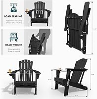 Vista 3 de THOEOE Juego de 2 Sillas Adirondack Plegables, Silla de Patio Exterior de HDPE para Todo Clima con Portavasos, Negro