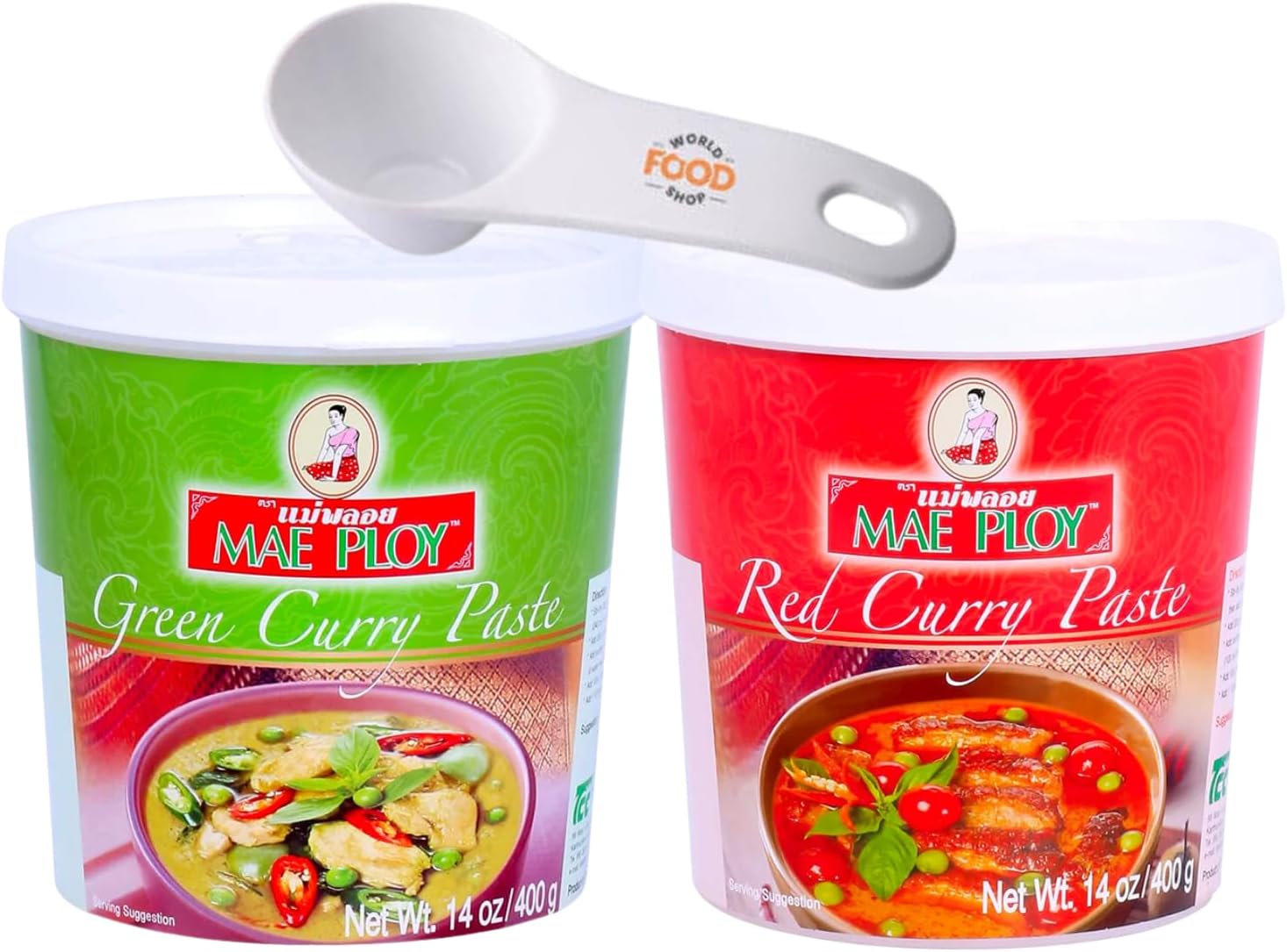 Mae Ploy Thai Green & Red Curry Paste 400g Each + World Food Shop 20ml Measuring Scoop | Authentic Thai Curry Paste Hot And Mild Chili Asian Food