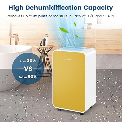 Miniatura 5 de COSTWAY Deshumidificador de 2500 pies cuadrados para sótano, deshumidificador silencioso portátil de 32 pintas con modo de suspensión, temporizador