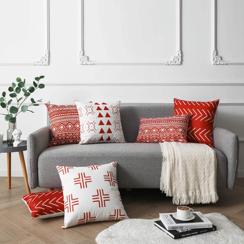 WLNUI Set of 4 Rust Boho Modern Pillow Covers 16x16 Inch Square Farmhouse Throw Pillow Covers Geometric Mudcloth Linen Neutral Decorative Cushion Case for Sofa Couch Chair Home Decor