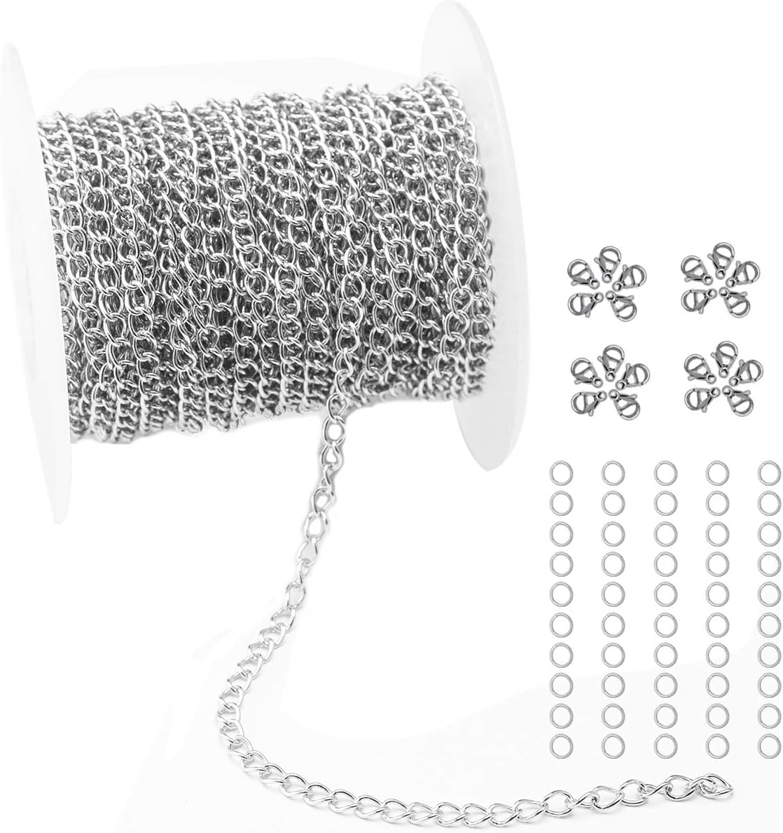 Tiparts 33FT Silver Cable Chains Stainless Steel Extender Chains Link Necklace Bulk for Jewelry Making with 20 Lobster Clasps and 50 Jump Rings (Silver, 3mm)