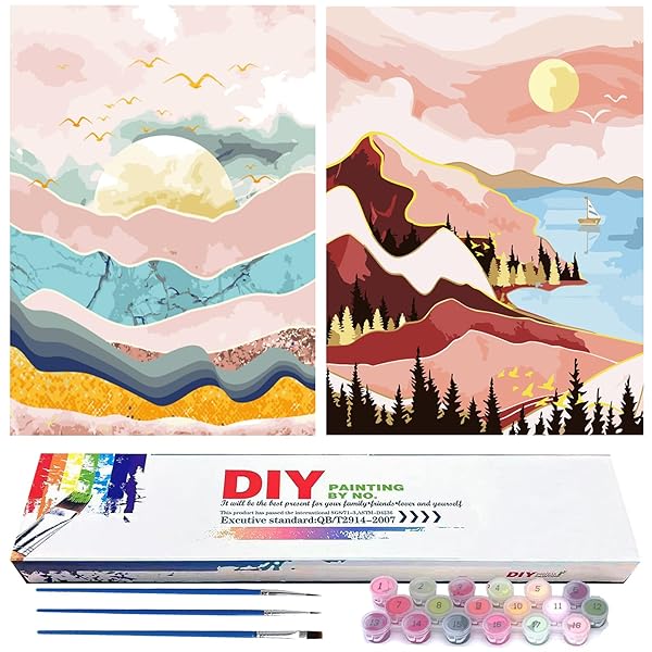 HIVIEW 2 PCS 12" W x 16" L Paint by Numbers for Adults and Kids Canvas, Diptych DIY Acrylic Painting Kit with Paintbrushes, Acrylic Pigment for Beginners, 2PCS Sunset Lake Mountains(Without Frame)