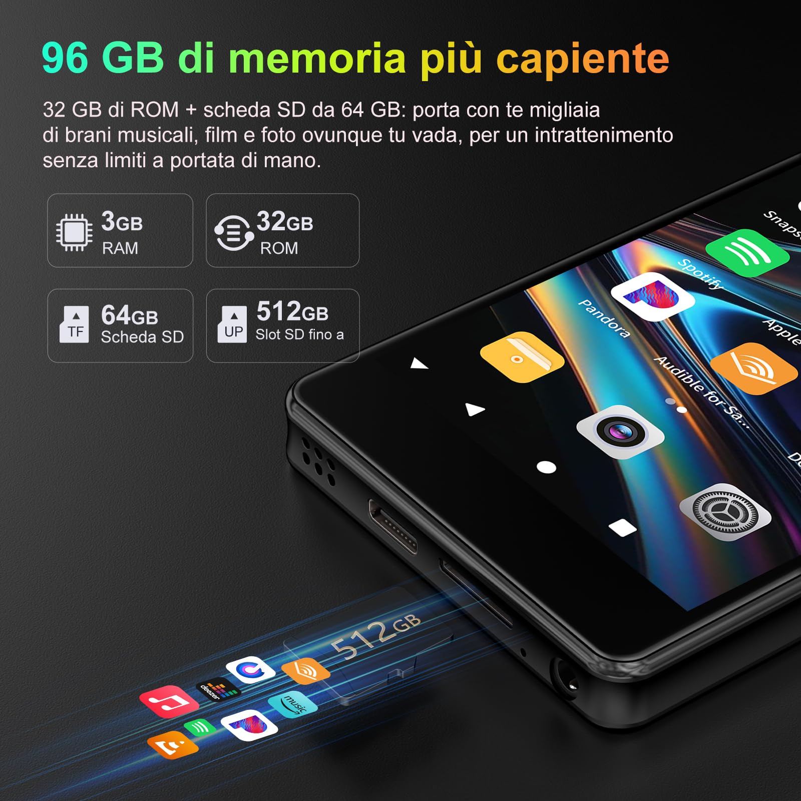 96GB Lettore MP3 con Bluetooth WiFi, lettore MP4 da 4,02 pollici con fotocamera e altoparlante, lettori musicali MP3 con sistema operativo Android 13, Spotify Kids, Play Store
