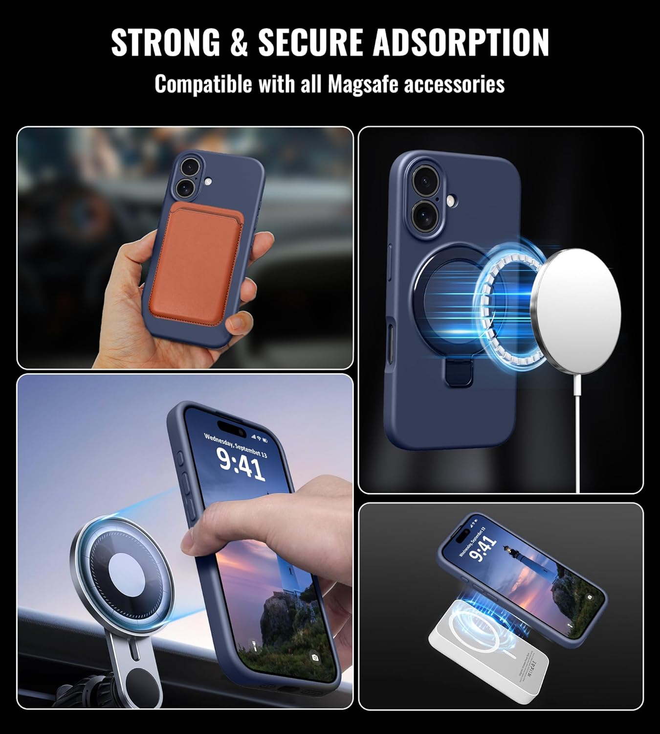 Compatible with iPhone 16 Case Stand, Slim Soft Liquid Silicone Phone Cases Fit for iPhone 16 Compatible with MagSafe Magnetic Ring Kickstand Stand Case Full Camera Protection, Dark Blue - Image 2