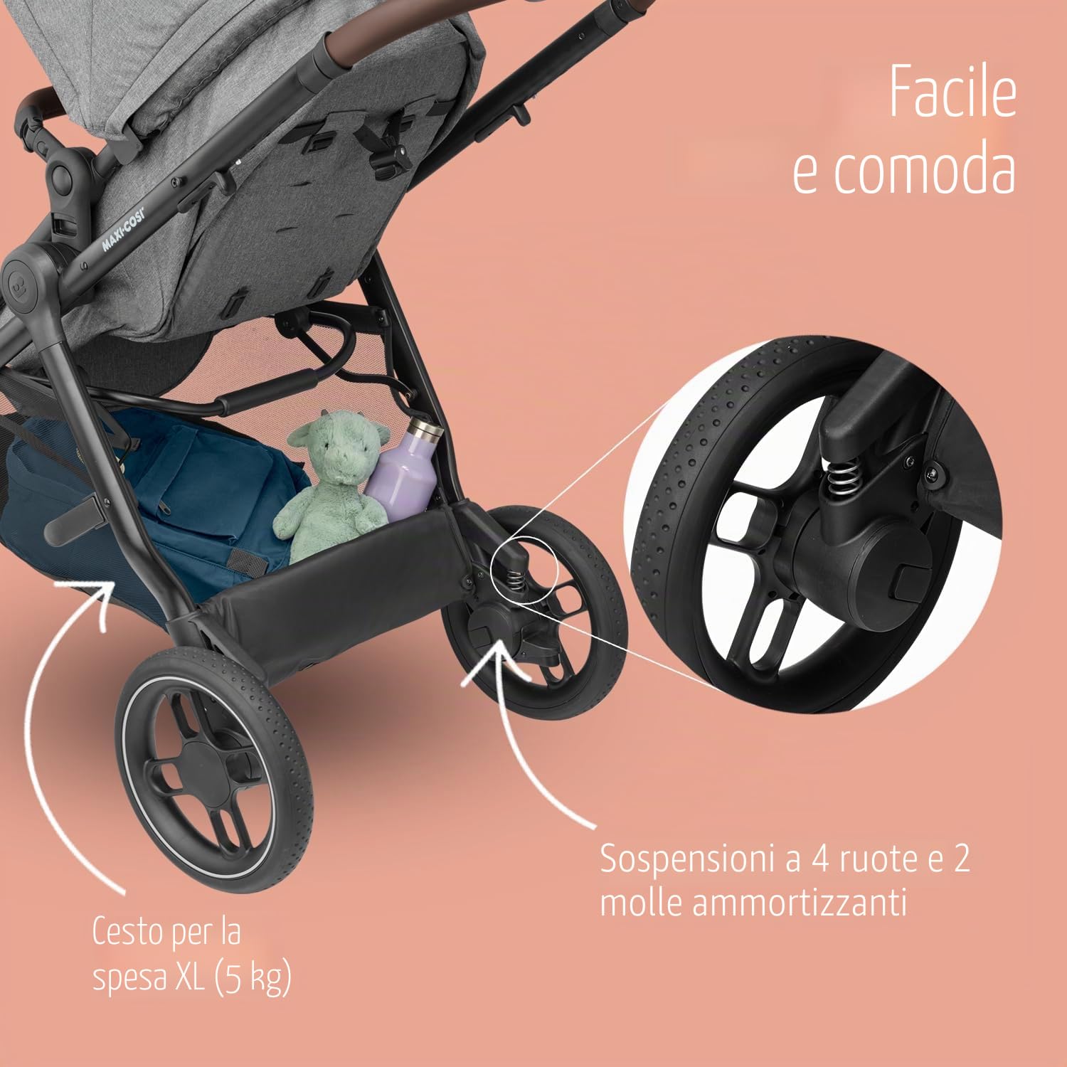 Maxi-Cosi Zelia S Trio - Passeggino 3 in 1, 0-4 anni, fino a 22 kg, pieghevole, compatto e reclinabile, con seggiolino auto CabrioFix S i-Size, accessori, borsa per la cameretta dei bambini, grigio