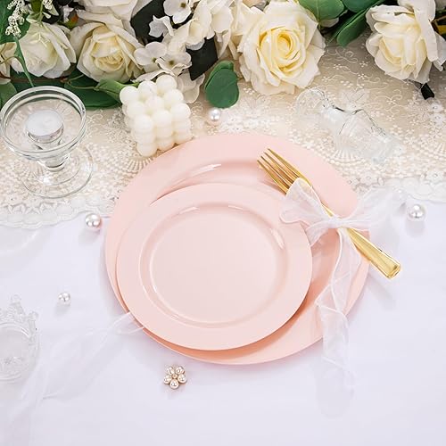 Miniatura 6 de FLOWERCAT 60 platos de plástico rosa, platos rosados resistentes desechables para fiestas, día de la madre, boda, para 30 invitados, incluye 30