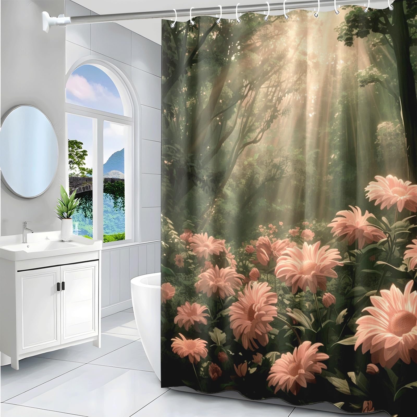 Tenda Doccia Piante Verdi Marroni Tenda Doccia Antimuffa Impermeabile Poliestere Lavabile con 12 Ganci Facile da Installare Tende Finestra Bagno per Dormitorio Hotel(180x220cm)