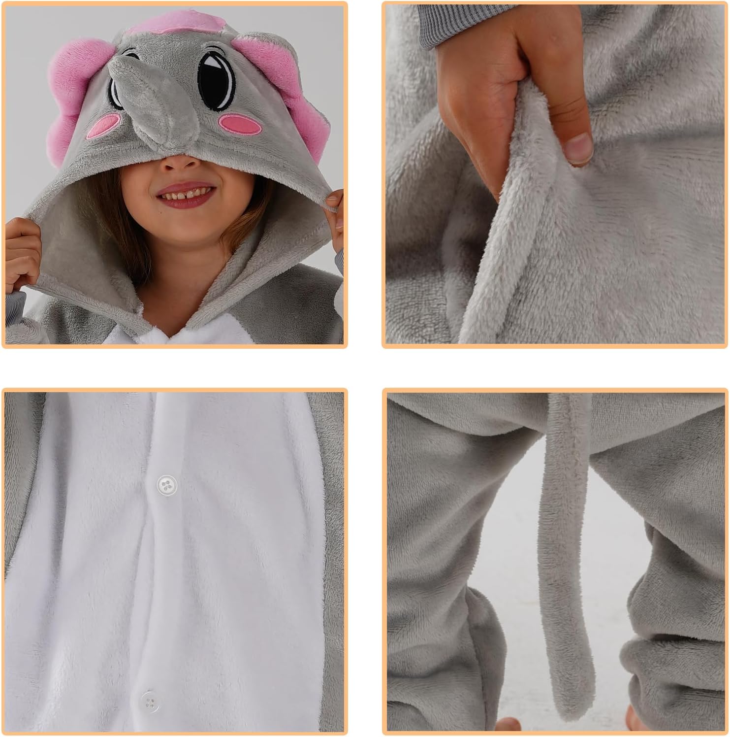 Unisex Children Animal Onesie Pajamas,Kids Flannel Halloween Cosplay Costume/Homewear/Sleepwear(Elephant,4-5T) - Image 4