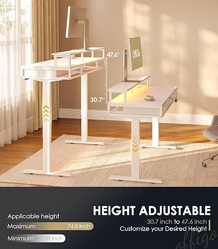 Miniatura 4 de OffiGo Escritorio eléctrico de pie con cajones y bandeja para teclado, escritorio ajustable de altura de 55 pulgadas con tomas de corriente y luces