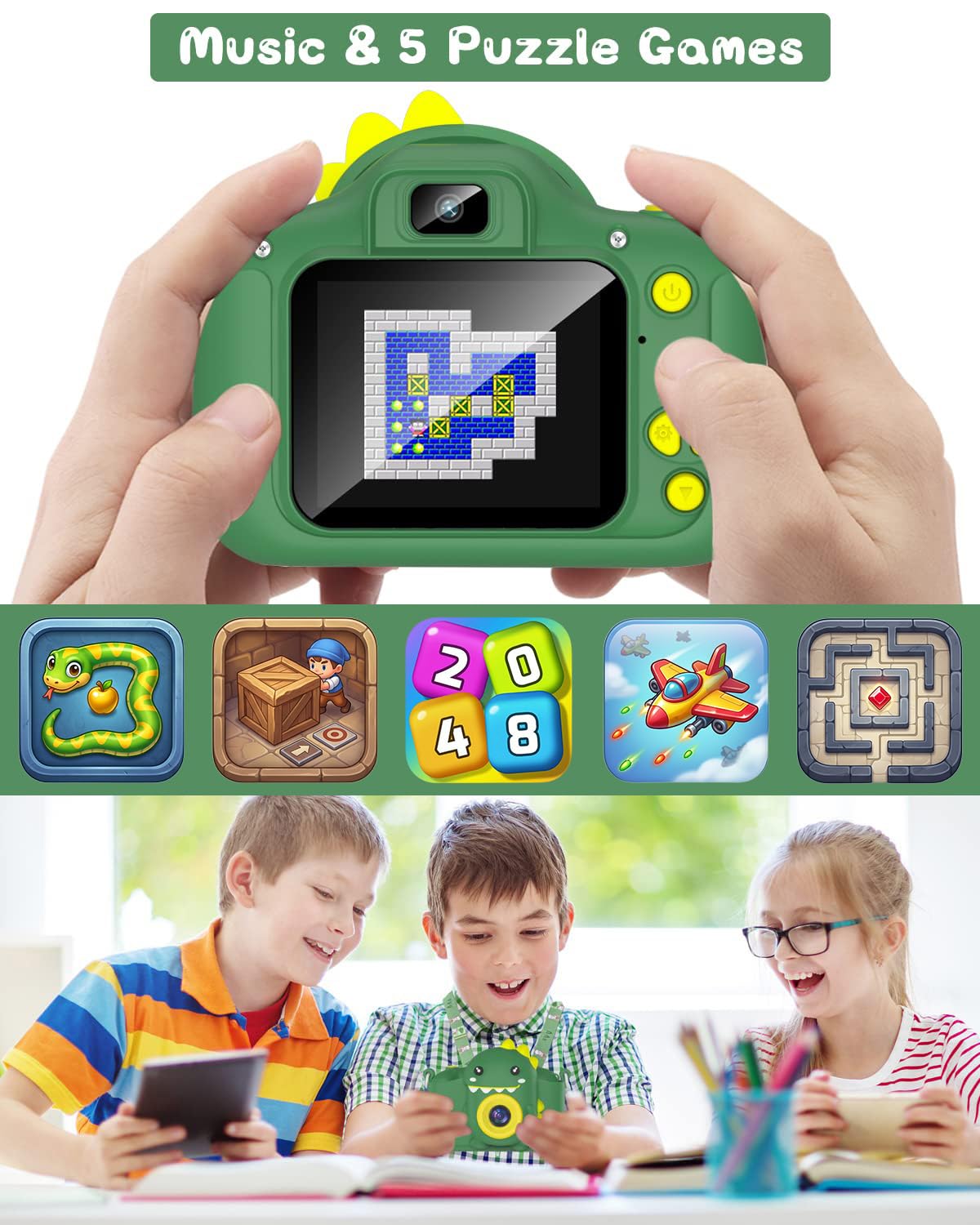 Kinderkamera, Gofunly Kinder Kamera 1080P 2,0-Zoll-Bildschirm Selfie Digitalkamera mit 32GB-Karte für 3-12 Jahre Jungen Mädchen Geburtstagsgeschenk Weihnachten Spielzeug Grün Dinosaurier