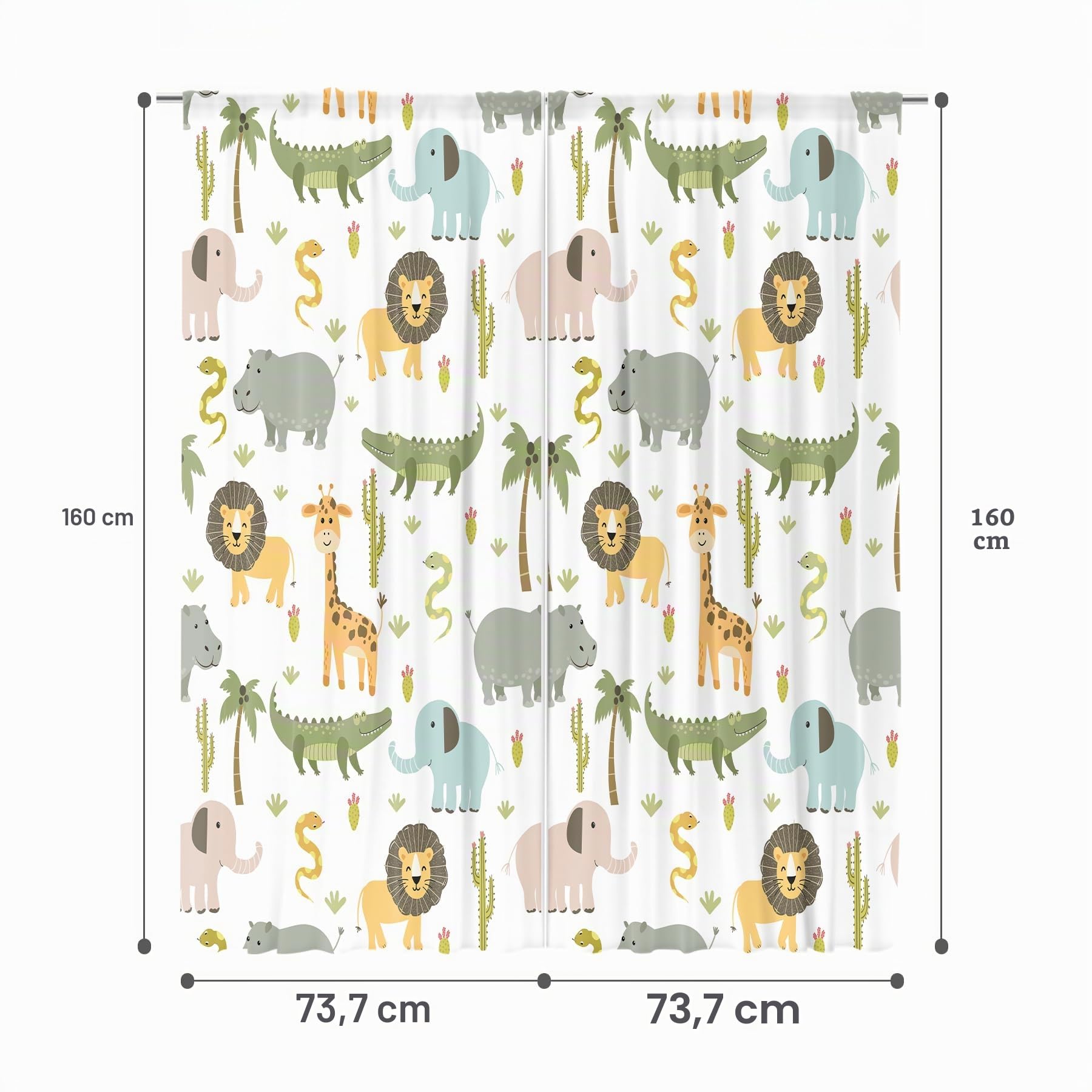 MESHELLY Vorhänge für Kinderzimmer, Safari-Tiere, 74 x 160 cm (B x H), Stangentasche, für Jungen, Kinder, Wald, Dschungel, Löwe, Elefant, Bedruckte Vorhänge für Wohnzimmer, Schlafzimmer