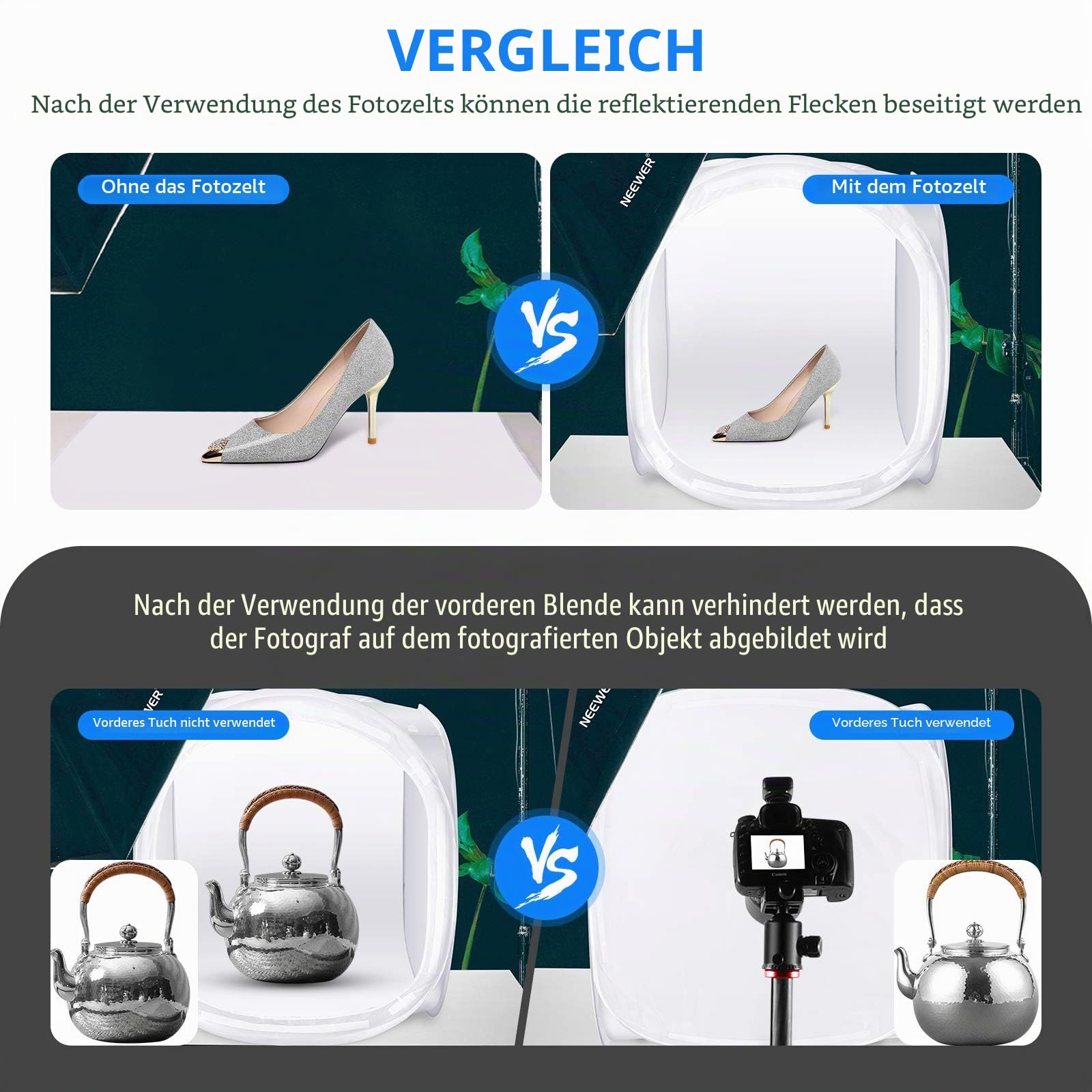 Neewer 24x24 Zoll/ 60x60cm Fotostudio Aufnahme Zelt Lichtwürfel Diffusions Soft Box Set mit 4 Farben Hintergründe(Rot Dunkelblau Schwarz Weiß) für Fotografie – Bild 7