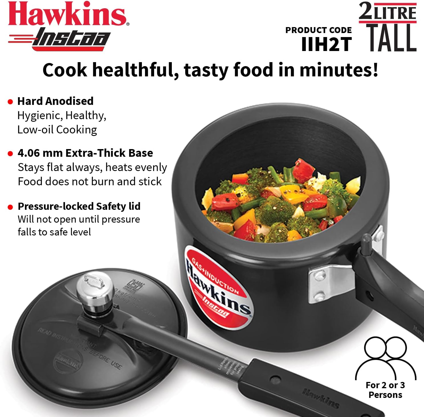 HAWKINS 2 Litre Instaa Pressure Cooker, Induction Inner Lid, Hard Anodised, Black