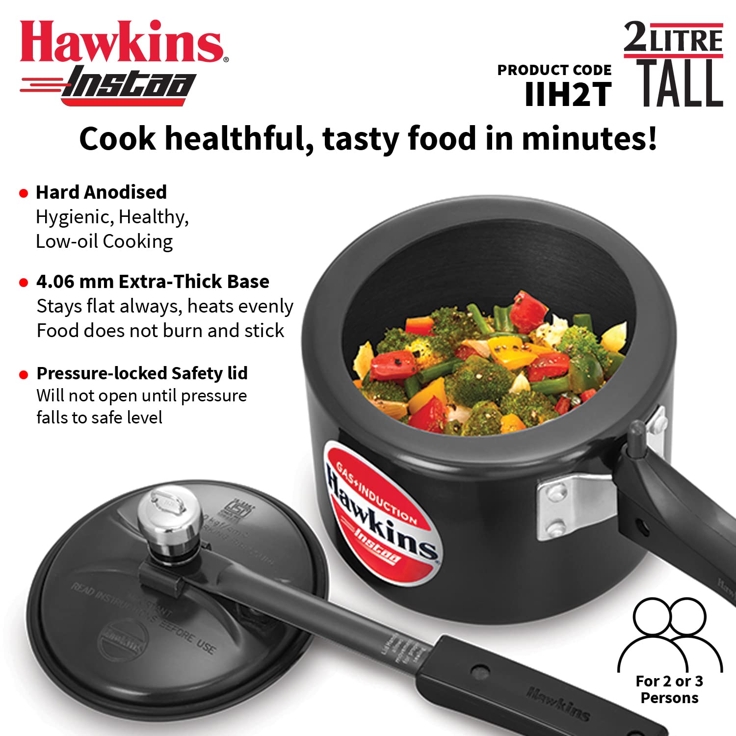 HAWKINS 2 Litre Instaa Pressure Cooker, Induction Inner Lid Cooker, Tall Body Hard Anodised Cooker, Best Black Cooker, Black (IIH2T)