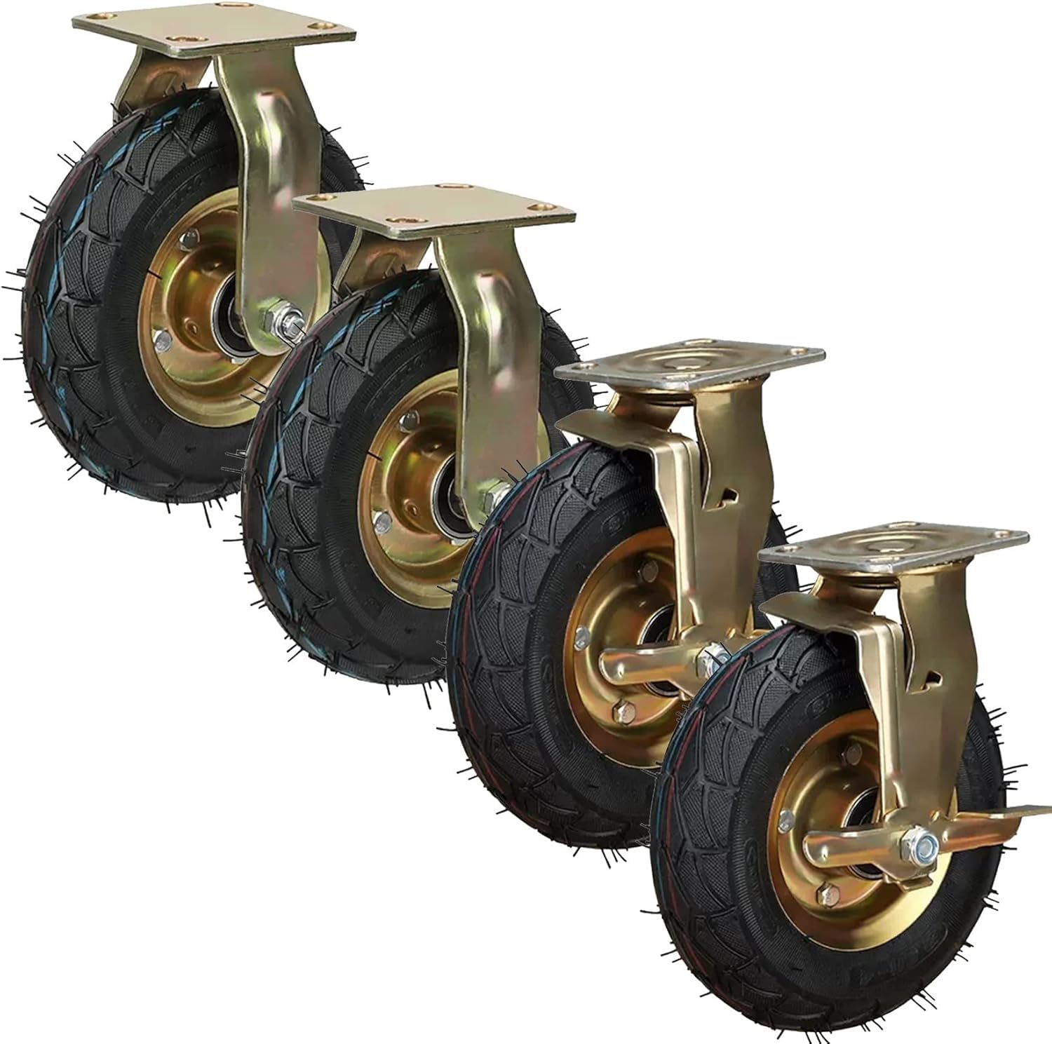 Pneumatyczne Kółka Gumowe O Dużej Wytrzymałości — Koła Obrotowe 8” I 10” Z Hamulcami Do Mebli Sprzętu, 4 Szt(Fixed+brakes,Ø 250mm/10in)