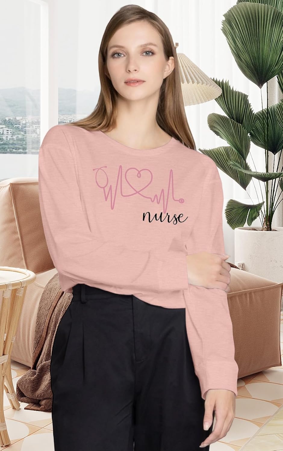 SFHFY Nurse Shirts for Women Heartbeat Print Tops Casual Long Sleeve Heartbeat Love Pullover for Nurse Life Shirt - Image 4
