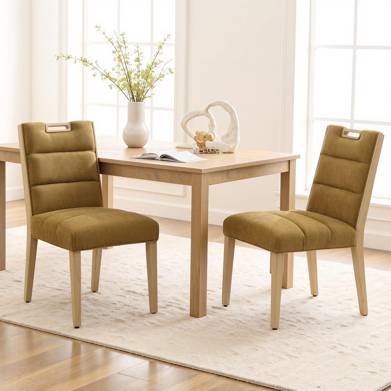 DAYALANE Retro Dining Chairs Set of 2 Wooden Kitchen Chairs with Upholstered Back for Home Dining Room Kitchen Yellow Chenille