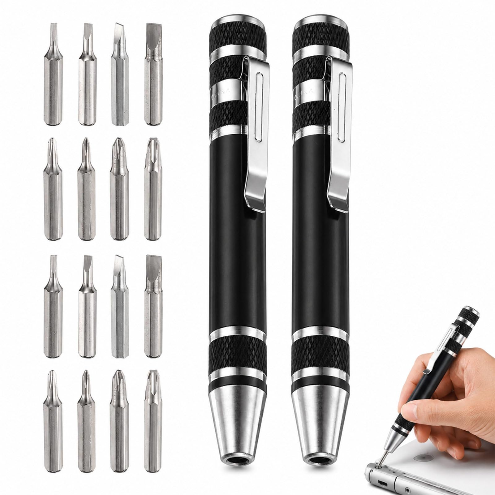 ZenithQuest 2 Pack 8 in 1 Mini Pocket Pen Screwdriver Set, Magnetic Precision Screwdrivers with Phillips & Flat Heads for Electronics, Glasses, Watches & Small Appliance Repair, Black