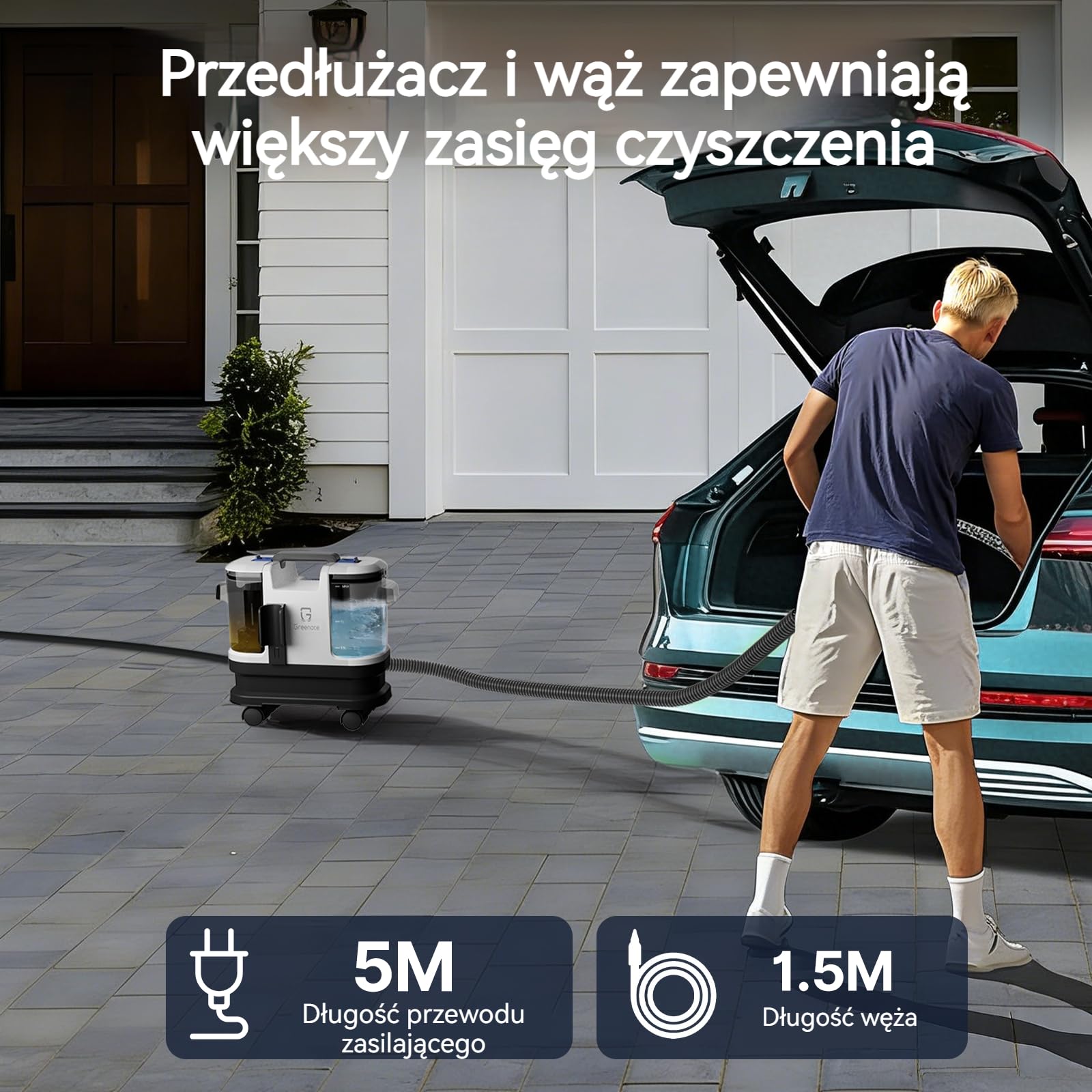 Greenote Odkurzacz Piorący 600W, 4 obrotowe kółka dla łatwości manewrowania, Kompaktowe przechowywanie, Samoczyszczący wąż, Mocne ssanie, Zbiorniki 1,8L/0,8L, Wąż 1,5m i przewód 5m