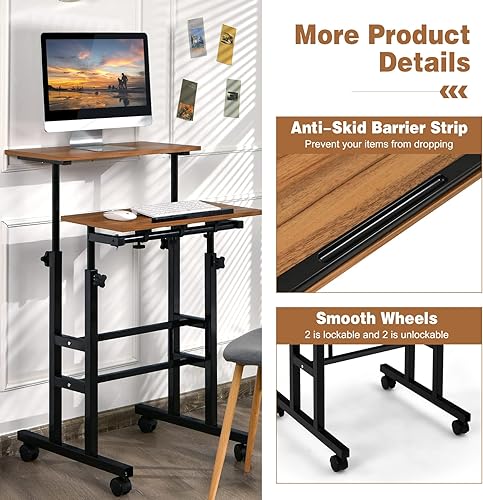 Miniatura 24 de COSTWAY Escritorio móvil de pie, carrito de computadora portátil con ruedas ajustable en altura con escritorio inclinable para estar de pie o