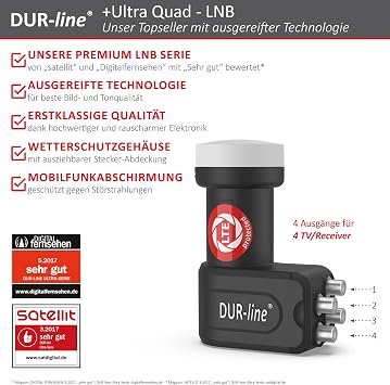 DUR-line + Ultra Quad LNB – 4 Participants Black – with LTE Filter [Test Very Good *] 4x Digital with Weather Protection Full HD 4K Premium Quality