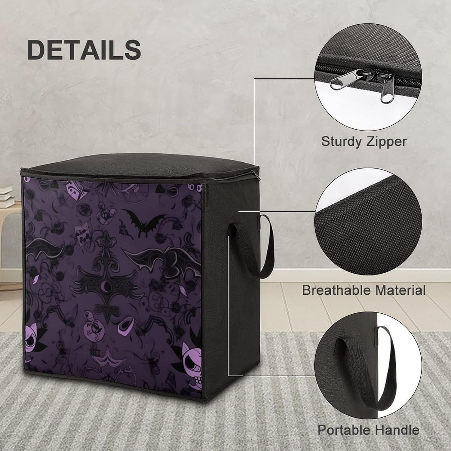 Purple Black Goth Spooky Storage Bag with Zippers And Handle Extra Large Bedding Comforter Storage Bag Foldable Blanket Storage Bags Fabric Moving Bags for Closet Organizer (70L)