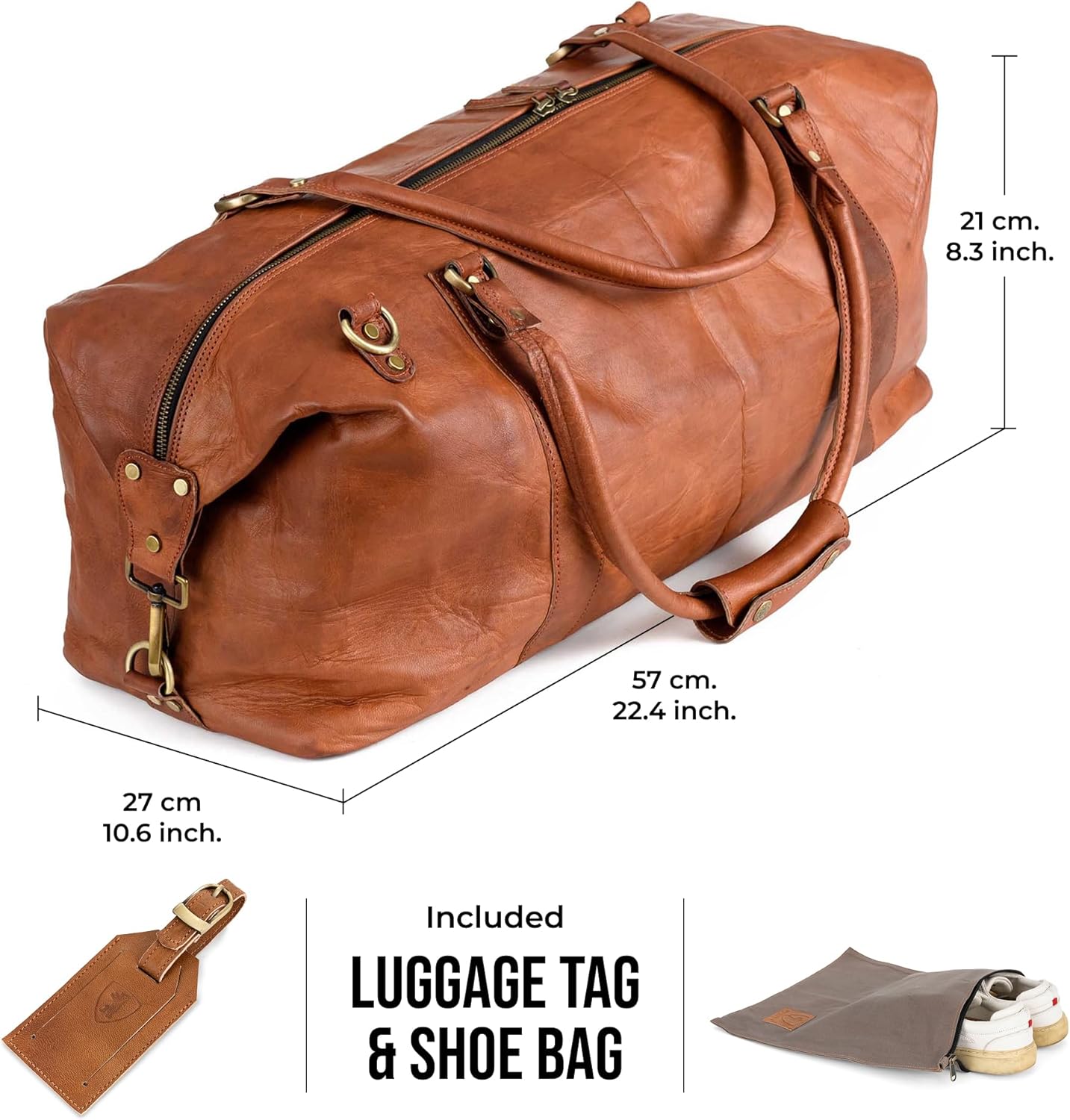 Berliner Bags Vintage Leather Duffle Bag München for Travel or the Gym, Overnight Bag for Men and Women - Brown (Cognac) - Image 8