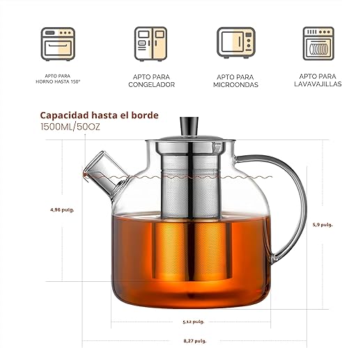 Miniatura 6 de Tetera de vidrio de 1500 ml (50 oz) con infusor extraíble, tetera grande segura para estufa Ehugos, hervidor artesanal para té floreciente