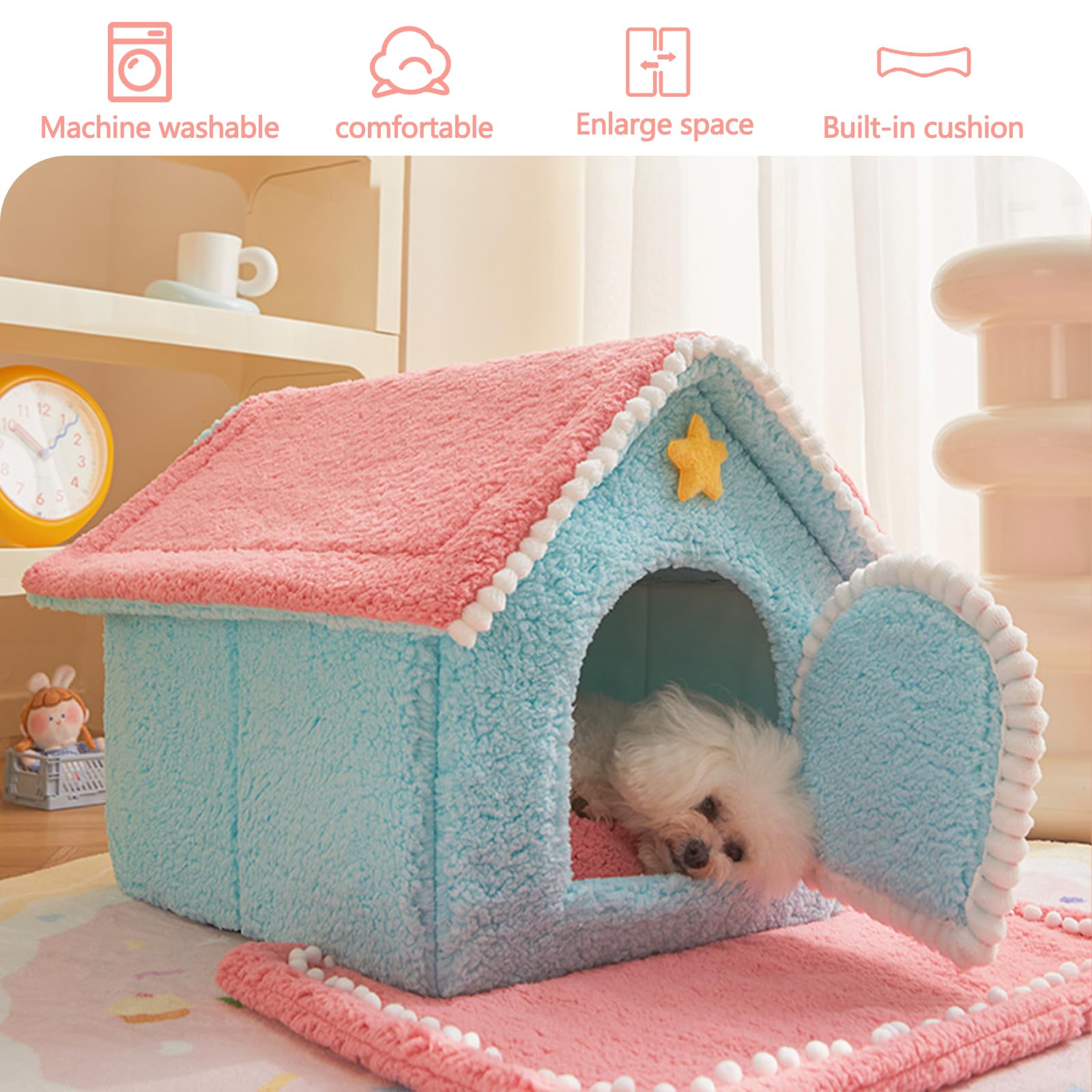 BOSERMEN Cat House, Cute Cat Cave Bed, Cozy Soft Cat House for Indoor Cat, Enough Interior Space, Cat Bed with Two Removable and Washable Pillows(L, Green)