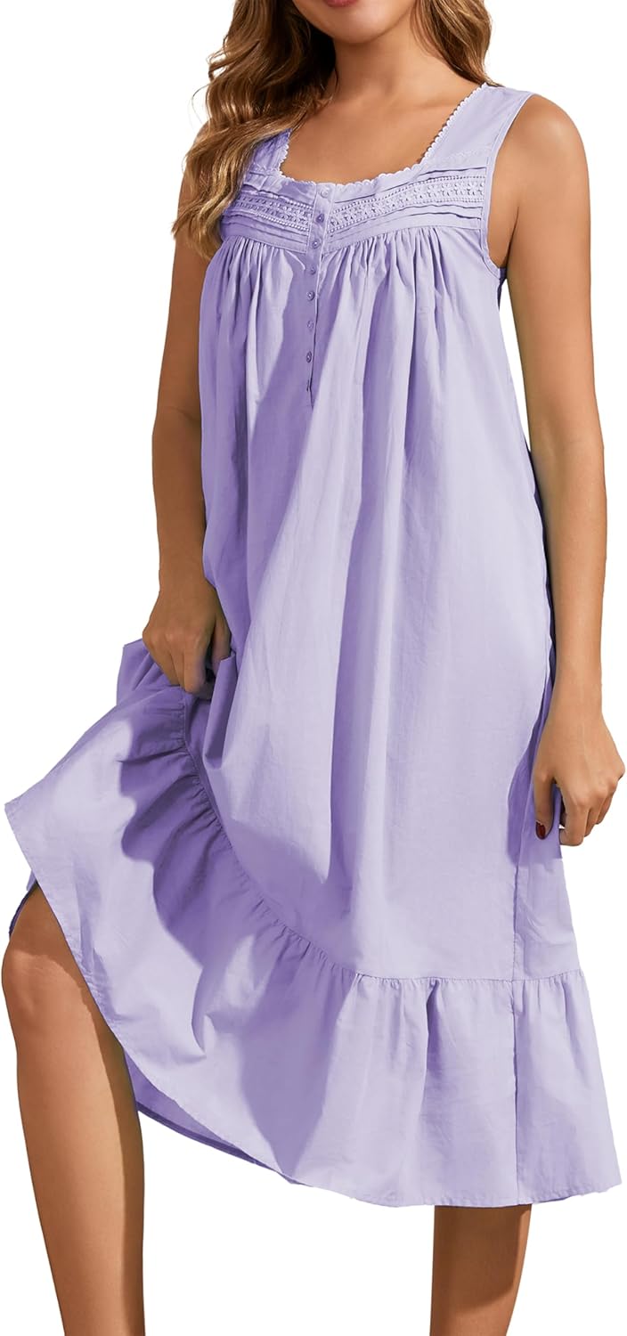 100% Cotton Nightgowns for Women Soft Sleeveless Tank Night Gowns Sleepwear with Pockets