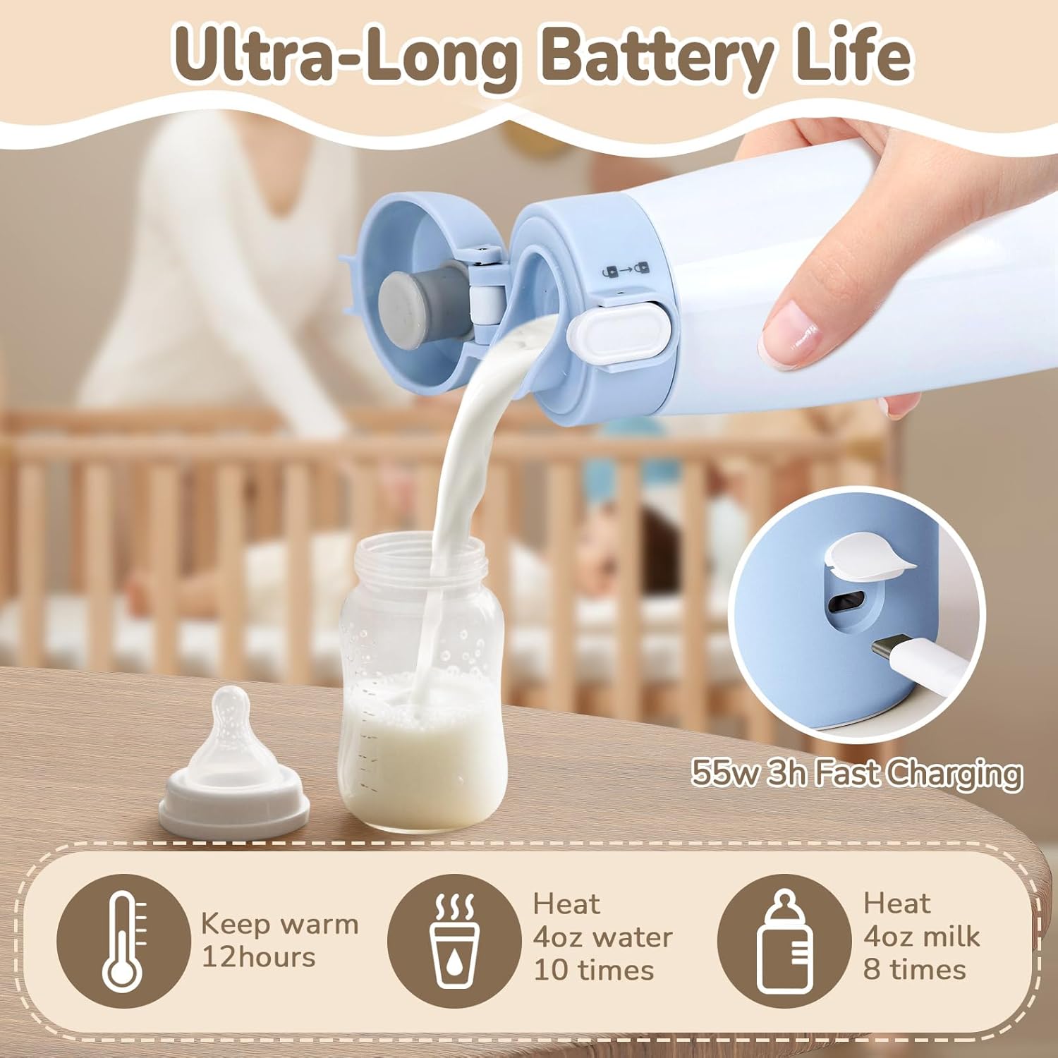 BEBOAN Portable Milk/Water Warmer for Travel, Cordless Breast Milk Formula Bottle Warmer, Smart Temperature Control 5-Temp Setting with Lock, 12oz Large Capacity, Blue