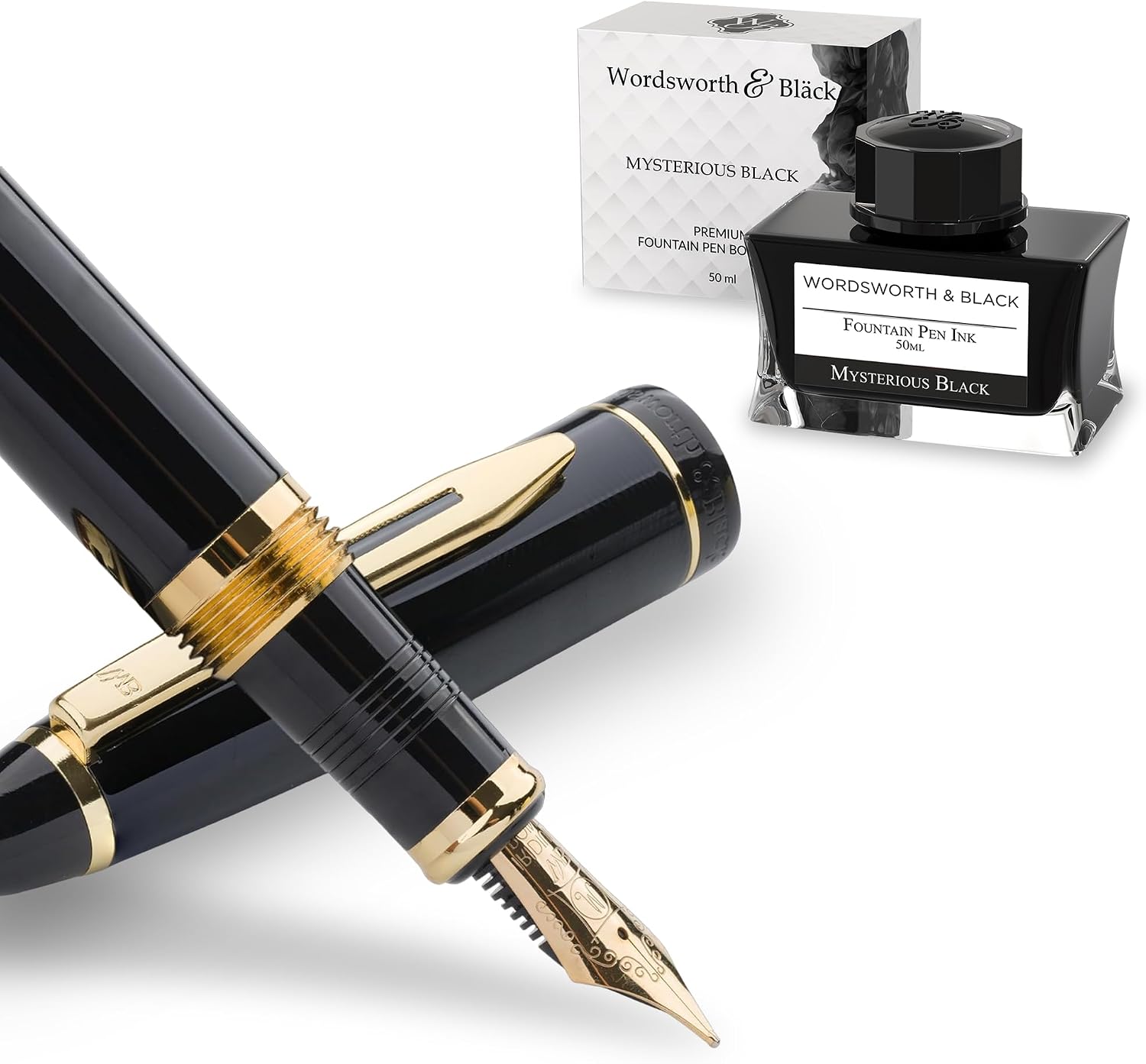 Wordsworth & Black Majesti Fountain Pen Set [Black Gold], Medium Nib, Includes 50 ml Pen Ink [Black], 24 Ink Cartridges, Refill Converter and Premium Gift Case