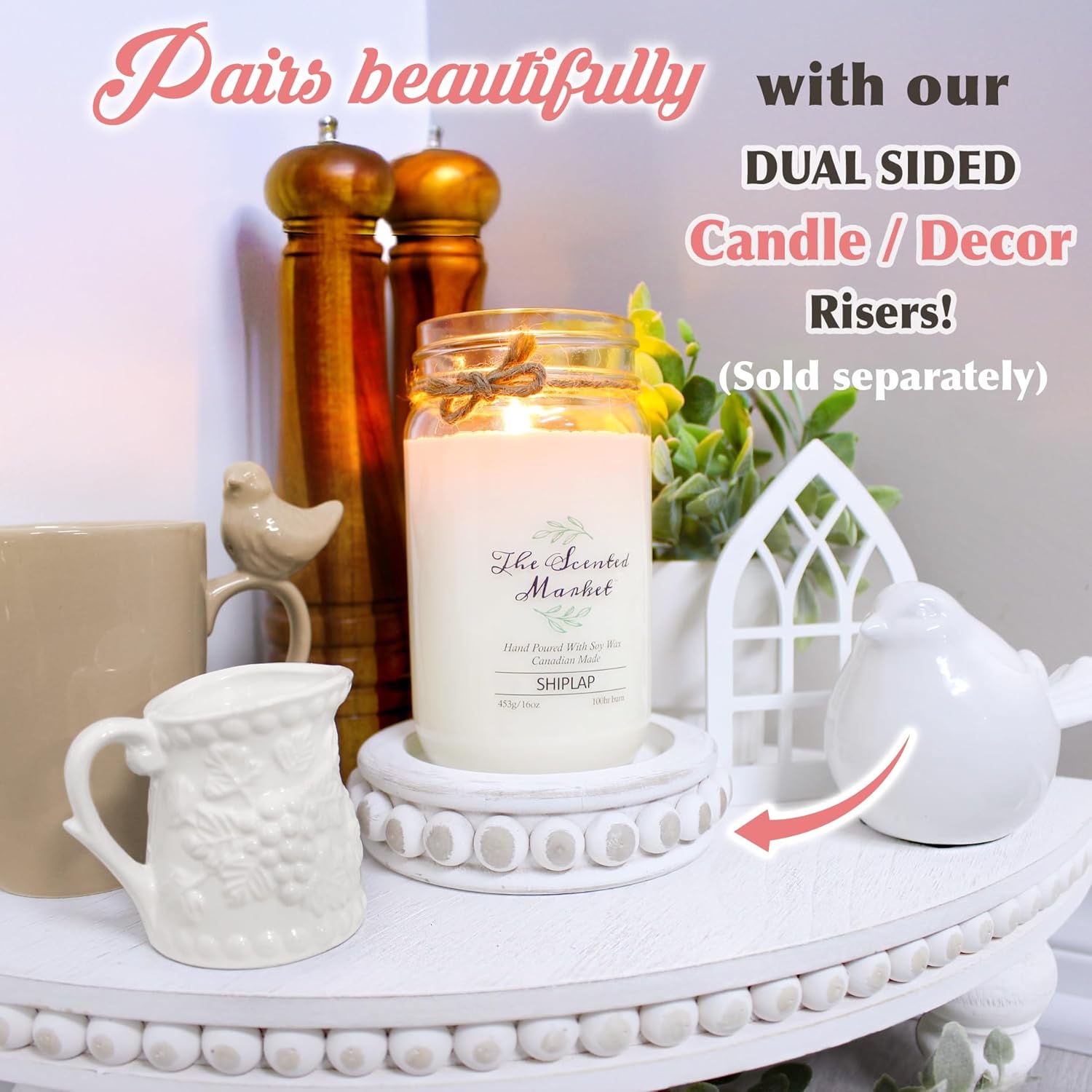 Corner Pedestal Stand Rustic Decor Riser for Display - Farmhouse Wood Rounded Beaded Tray for Kitchen and Bathroom Countertop Organizer, Coffee Bar, Plant Stand with Removable Feet (Rustic White)