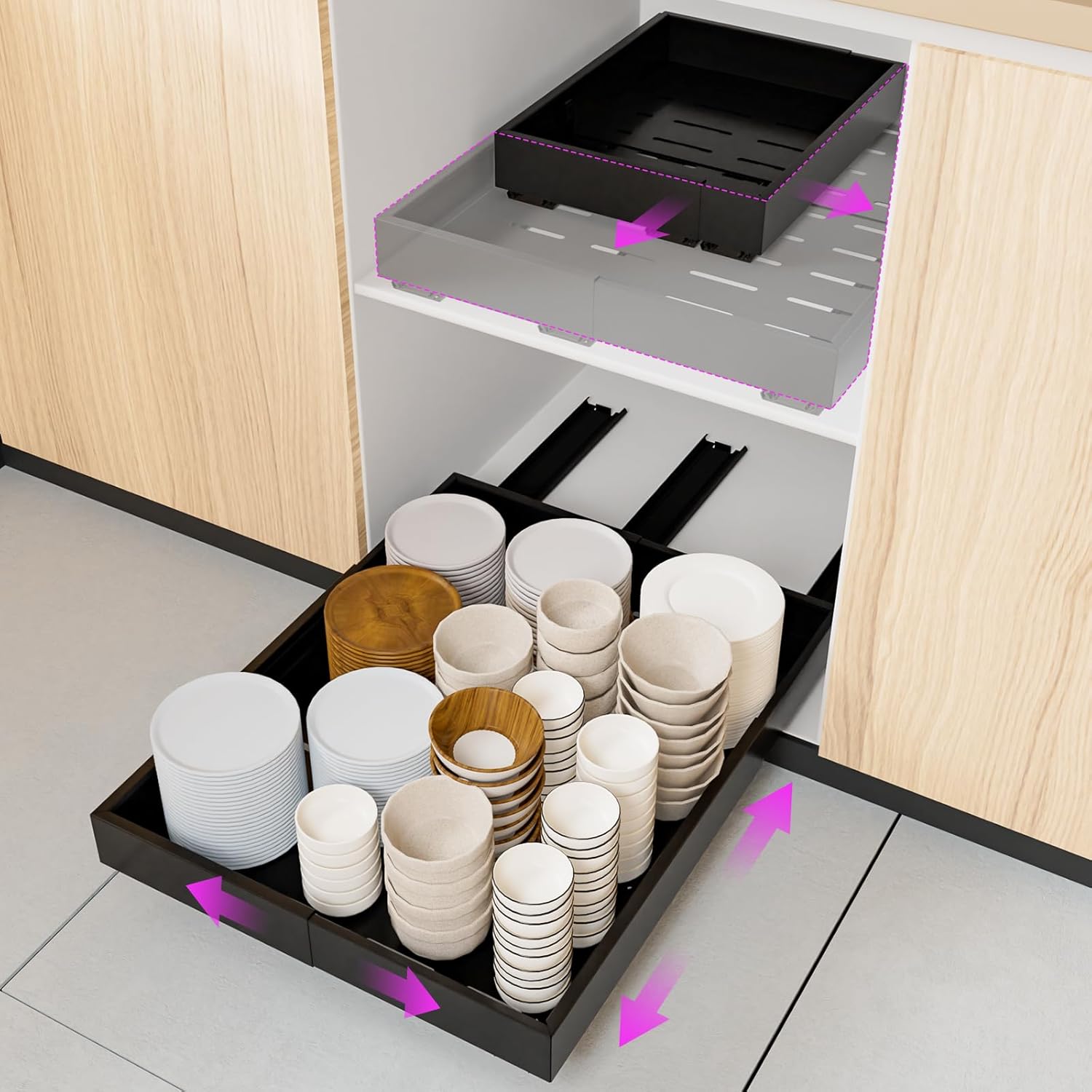 2 Pack Pull Out Cabinet Organizer Expandable Width(12"-20") and Depth(16"-22") Slide Out 13", Heavy Duty Drawer with 3 Rails, Adhesive Film or Nail Fixed Roll Out Storage for Kitchen, Bathroom, Black