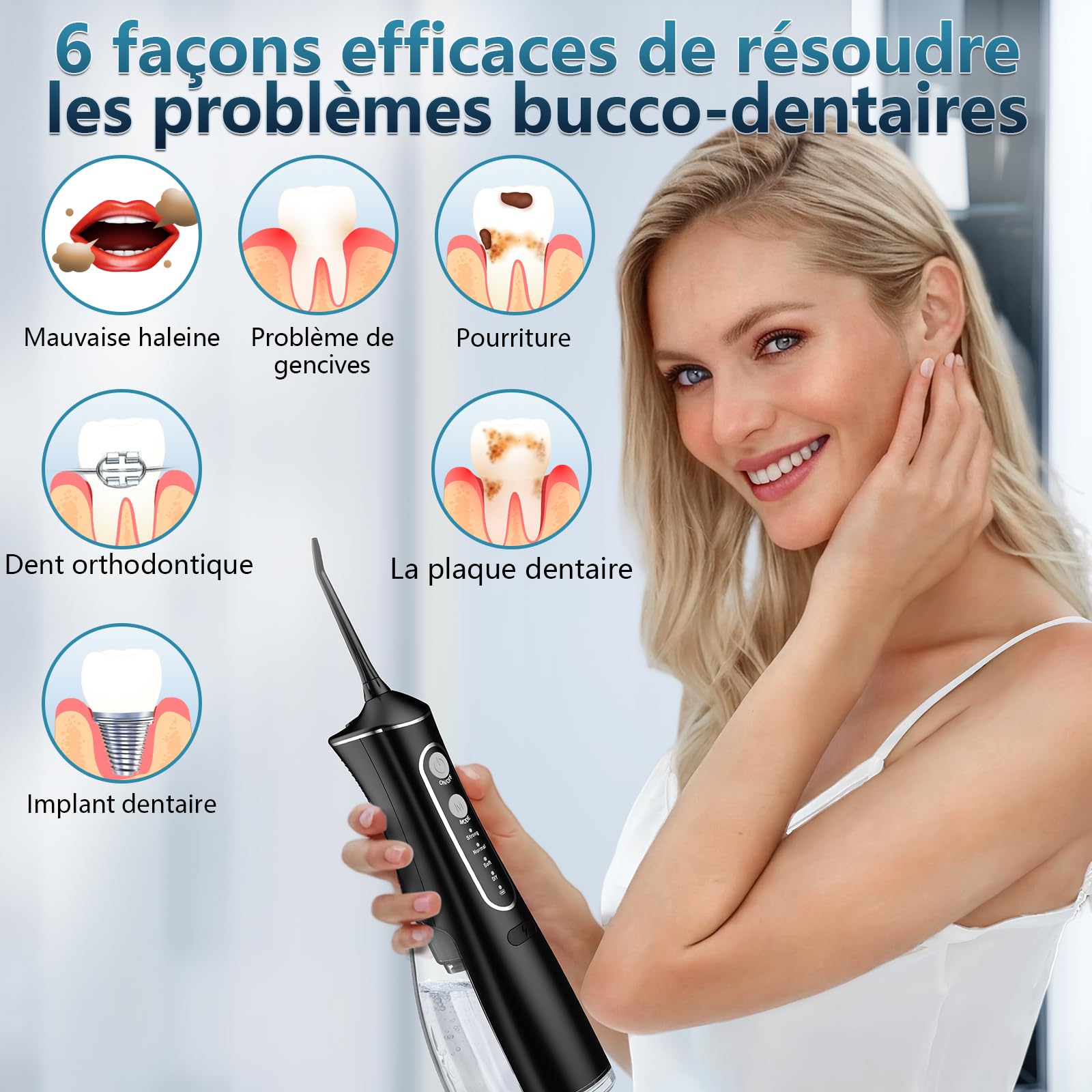 OasiSmile Jet Dentaire Hydropulseur: 5 Embouts Rotatifs 360°, 4 Modes & DIY Pression Réglable, Favorise l’Hygiène Buccale, Irrigateur Oral Étanche IPX7, Hydropulseur Portable 300 ML, Maison et Voyage